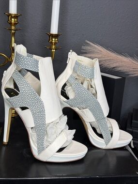 Paper Fox White and Silver Cutout High Heel Sandals